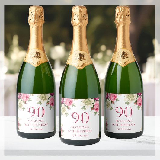 Étiquettes Pour Bouteilles De Vin Mousseux Fleur rose 90e fête d'anniversaire