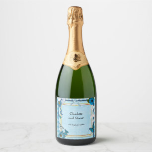 Étiquettes Pour Bouteilles De Vin Mousseux Fleurs bleues et papillons