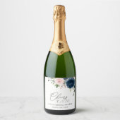 Étiquettes Pour Bouteilles De Vin Mousseux Fleurs Bleues Marine, Fleurs Roses, Fête des marié (Devant)
