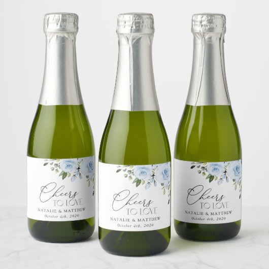 Étiquettes Pour Bouteilles De Vin Mousseux Fleurs bleues poussiéreuses, Verdure, Boho, Mariag (Bouteilles)