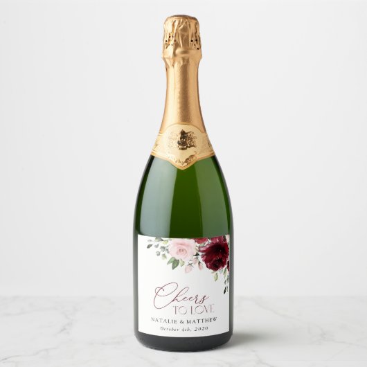 Étiquettes Pour Bouteilles De Vin Mousseux Fleurs Bourgogne, Fleurs roses, Verdure, Mariage (Devant)