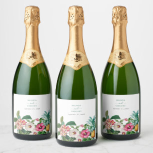 Étiquettes Pour Bouteilles De Vin Mousseux Fleurs d'aquarelle tropicale et Mariage de verdure