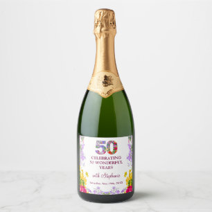 Étiquettes Pour Bouteilles De Vin Mousseux Floral élégant flacon 50ème anniversaire fleur 50