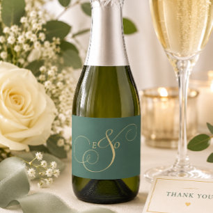 Étiquettes Pour Bouteilles De Vin Mousseux Forêt Élégante Émeraude Vert Or Monogramme Mariage
