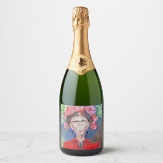 Étiquettes Pour Bouteilles De Vin Mousseux Frida Kahlo Mexique Original Rouge Floral Rose Fem