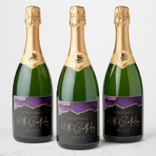 Étiquettes Pour Bouteilles De Vin Mousseux Géode Agate Chic Purple Gold 60e fête d'anniversai