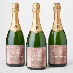 Étiquettes Pour Bouteilles De Vin Mousseux Glitter Rose Gold Foil Joyeux Noël