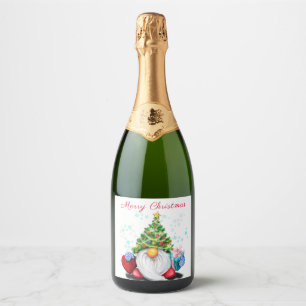 Étiquettes Pour Bouteilles De Vin Mousseux Gnome avec sapin de Noël Casquette et cadeau pour