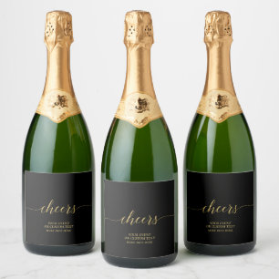 Étiquettes Pour Bouteilles De Vin Mousseux Gold & Black Élégant Script Cheers Fête Favoriser