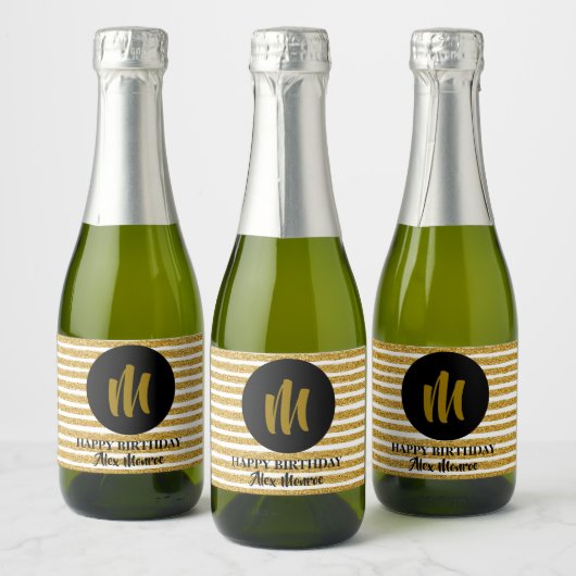 Étiquettes Pour Bouteilles De Vin Mousseux Gold Faux Parties scintillant rayures Monogramme M (Bouteilles)