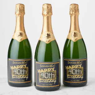 Étiquettes Pour Bouteilles De Vin Mousseux Gold personnalisé 40e anniversaire Nom Floral noir