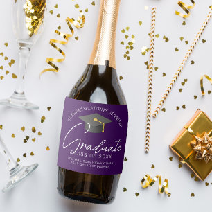 Étiquettes Pour Bouteilles De Vin Mousseux Gradué noir violet fête de graduation personnalisé