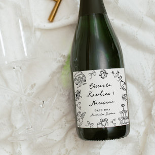 Étiquettes Pour Bouteilles De Vin Mousseux Gribouillages de mariage dessinés à la main fantai