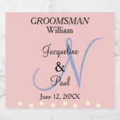 Étiquettes Pour Bouteilles De Vin Mousseux Groomsman Rose doux Monogramme bleu (Étiquettes simples)