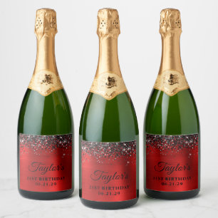 Étiquettes Pour Bouteilles De Vin Mousseux Haut à paillettes noires bordure rouge 21e anniver