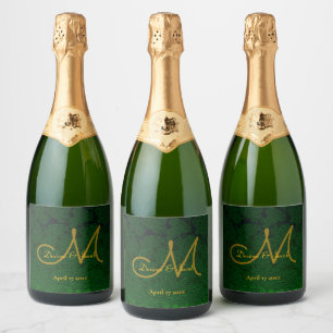 Étiquettes Pour Bouteilles De Vin Mousseux Hunter Green Gold Mariage Réception Monogramme