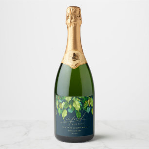 Étiquettes Pour Bouteilles De Vin Mousseux Infusé Par L'Amour Verdure Mariage Bleu Profond