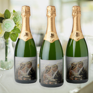 Étiquettes Pour Bouteilles De Vin Mousseux Jeu de fiançailles photo personnalisée avec l'or