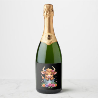 Étiquettes Pour Bouteilles De Vin Mousseux Joli bébé vache des Highlands avec des fleurs Veau