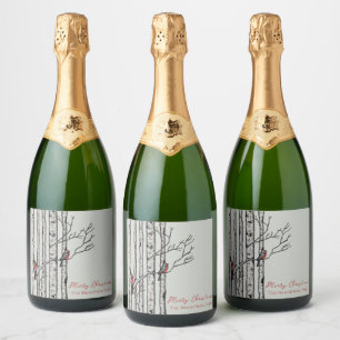 Étiquettes Pour Bouteilles De Vin Mousseux Joyeux bouleaux de Noël et oiseaux cardinaux rouge
