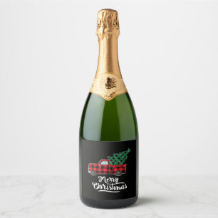 Étiquettes Pour Bouteilles De Vin Mousseux Joyeux Buffalo de Noël Plaid Arbre de Noël Rouge