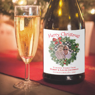 Étiquettes Pour Bouteilles De Vin Mousseux Joyeux cadre photo de Noël Cute Holiday Wreath
