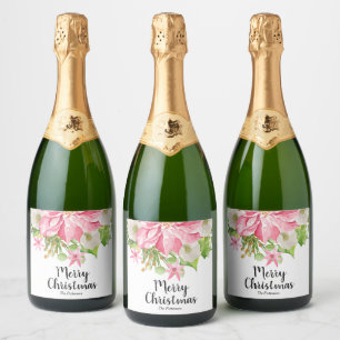 Étiquettes Pour Bouteilles De Vin Mousseux Joyeux Noël Floral Poinsettia vacances