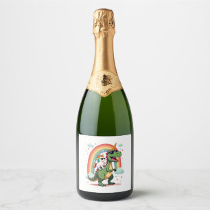 Étiquettes Pour Bouteilles De Vin Mousseux Licorne Arc-en-Ciel Chevauchant T rex - Garçons Fi
