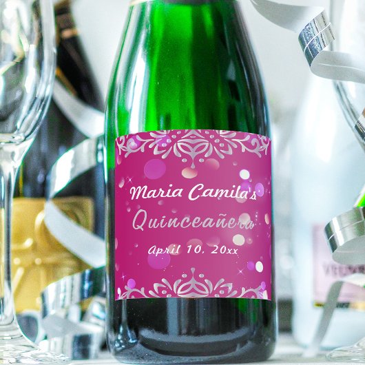Étiquettes Pour Bouteilles De Vin Mousseux Magenta And Silver Elegant Shimmery Quinceañera