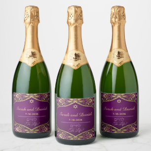 Étiquettes Pour Bouteilles De Vin Mousseux Mandala d'or sur le Mariage pourpre