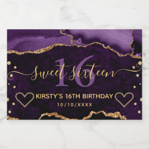 Étiquettes Pour Bouteilles De Vin Mousseux Marbre d'agate scintillant or et violet Sweet 16l