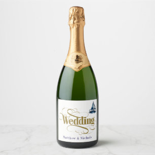 Étiquettes Pour Bouteilles De Vin Mousseux Mariage Bateau Naution de Cadre Or Navy et Or