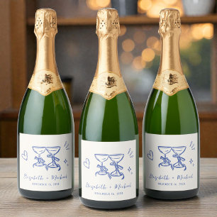 Étiquettes Pour Bouteilles De Vin Mousseux Mariage Bleu Crème Fantaisie Dessiné à la Main
