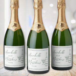 Étiquettes Pour Bouteilles De Vin Mousseux Mariage Champagne Vert Dessiné à la Main