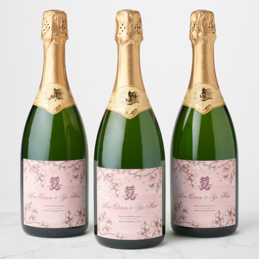 Étiquettes Pour Bouteilles De Vin Mousseux Mariage chinois à deux fleurs de pêche (Bouteilles)