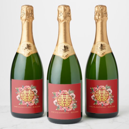 Étiquettes Pour Bouteilles De Vin Mousseux Mariage chinois moderne rose fleuri (Bouteilles)