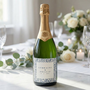 Étiquettes Pour Bouteilles De Vin Mousseux Mariage classique élégant aux fleurs bleues