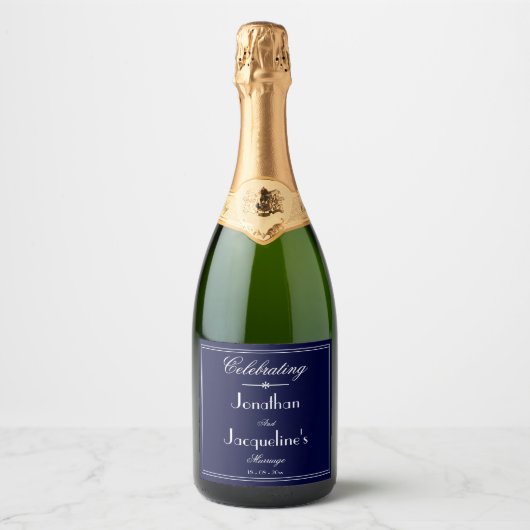 Étiquettes Pour Bouteilles De Vin Mousseux Mariage classique élégant bleu marine Personnalisé (Devant)