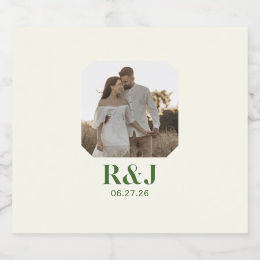 Étiquettes Pour Bouteilles De Vin Mousseux Mariage Couple Ajouter Photo Vert Monogramme (Étiquettes simples)