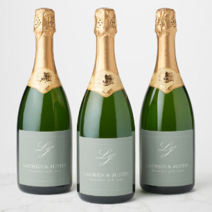 Étiquettes Pour Bouteilles De Vin Mousseux Mariage de script monogramme élégant de Sage Vert 