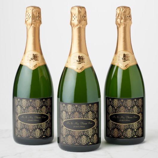 Étiquettes Pour Bouteilles De Vin Mousseux Mariage de script noir Gold Damask (Bouteilles)