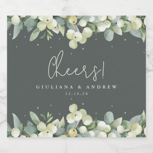 Étiquettes Pour Bouteilles De Vin Mousseux Mariage d'hiver Grey-Green Snowberry+Eucalyptus (Étiquettes simples)