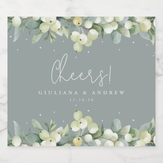 Étiquettes Pour Bouteilles De Vin Mousseux Mariage d'hiver Seafoam Green Snowberry+Eucalyptus (Étiquettes simples)