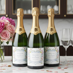 Étiquettes Pour Bouteilles De Vin Mousseux Mariage Élégant Crête de Fleur Sauvage Pâle Bleu P