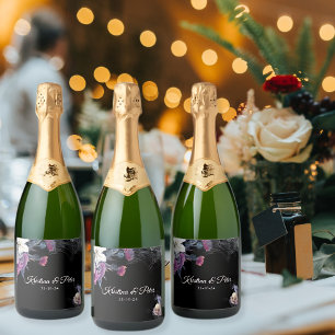 Étiquettes Pour Bouteilles De Vin Mousseux Mariage élégant noir violet gothique floral crâne
