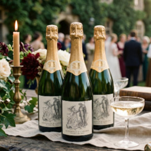 Étiquettes Pour Bouteilles De Vin Mousseux Mariage médiéval fantasy vintage noir gravure