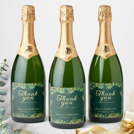 Étiquettes Pour Bouteilles De Vin Mousseux Mariage Merci Emerald Green Gold Eucalyptus