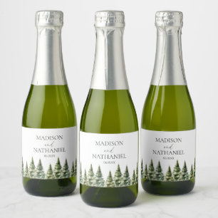Étiquettes Pour Bouteilles De Vin Mousseux Mariage minimaliste de la forêt de pins neigeux d'