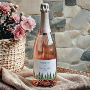 Étiquettes Pour Bouteilles De Vin Mousseux Mariage minimaliste de la forêt de pins neigeux d'