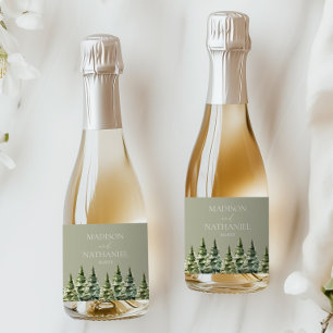 Étiquettes Pour Bouteilles De Vin Mousseux Mariage minimaliste de la forêt de pins neigeux d'